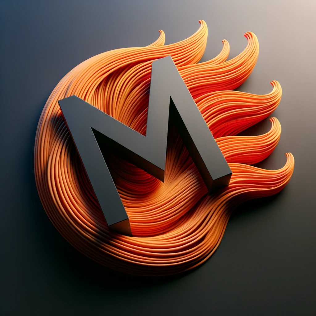 DALL·E 2023 10 09 15.24.51 3D visualization of a logo for Mad Ginger Media. Against a gradient background transitioning from jet black to slate gray a bold M in a fiery ora