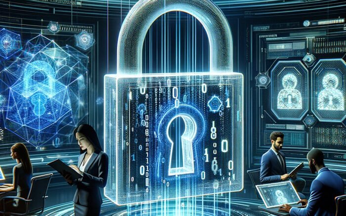 Dreamhost Data Encryption In a sophisticated digital environment resembling a high tech control room a large transparent three dimensional digital padlock partially opened edited