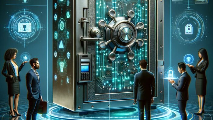 Dreamhost Security In a modern high tech digital environment a large robust metal safe symbolizing a secure web server is in the foreground edited