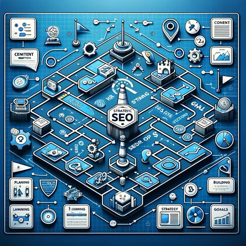 Mad Ginger Media A creative visual representation of a strategic SEO blueprint or roadmap styled to resemble a strategic game board