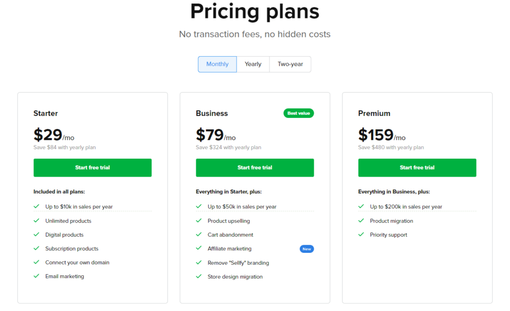 Sellfy Review Pricing table 1