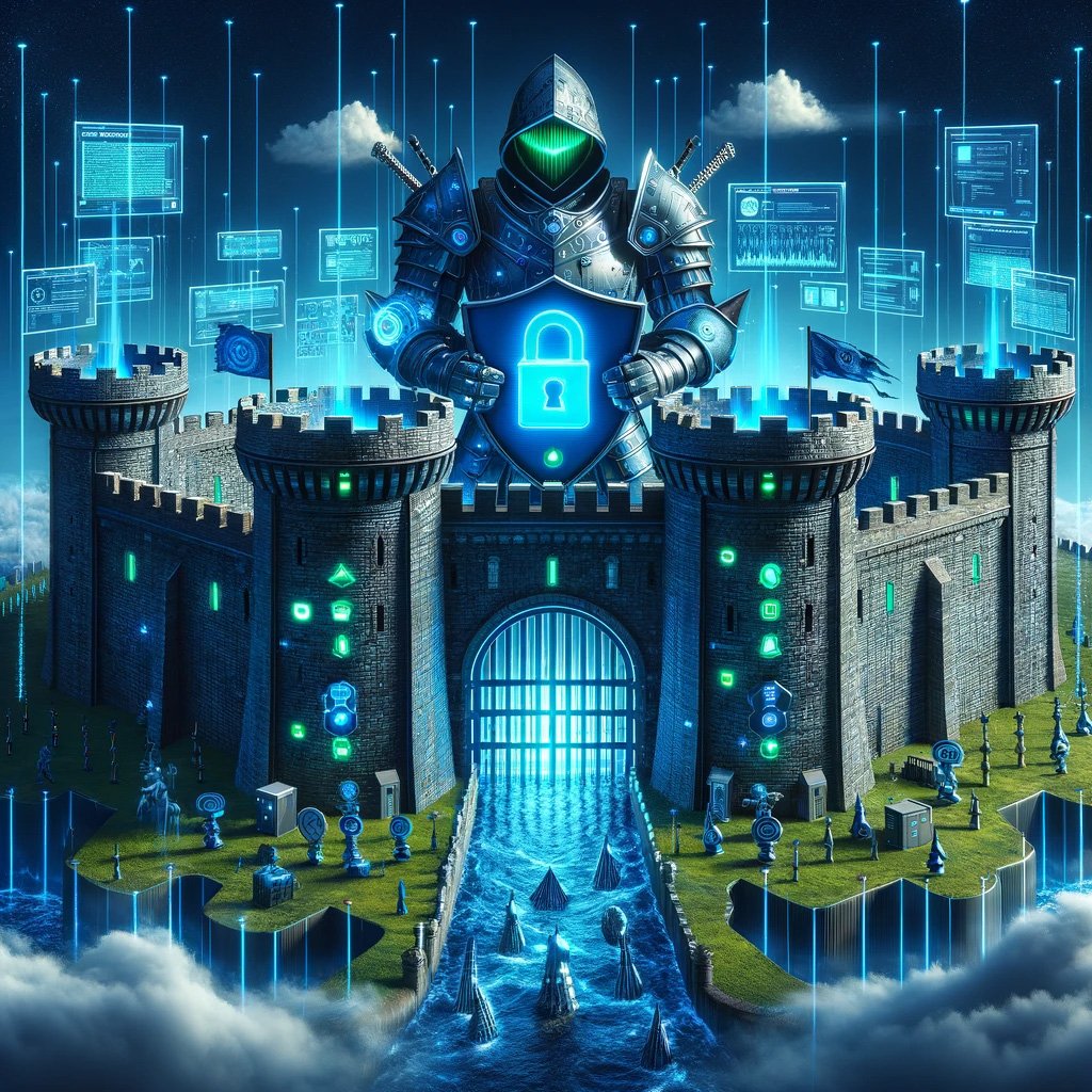 Illustration of a digital fortress symbolising website security, featuring encryption walls, data bit moat, and a vigilant digital guardian.